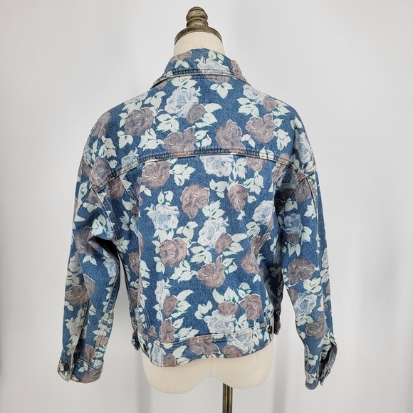Vintage Floral Print Denim Jacket Button Up Blue Jean Large Judy - Picture 8 of 9